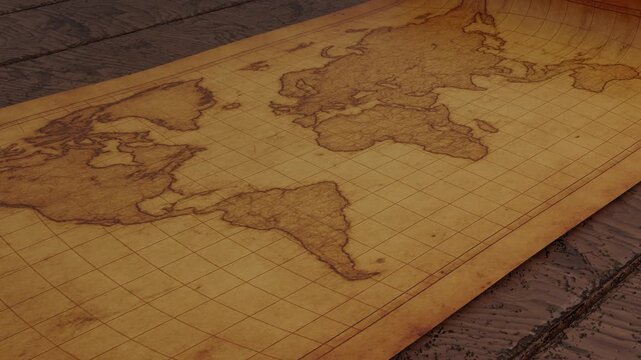 High-quality animation of an antique world map gradually unfolding and fully revealed. Perfect for history, exploration, or vintage-themed projects and backgrounds.
