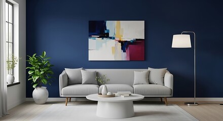 Modern Living Room with Blue Walls and Abstract Art Decor