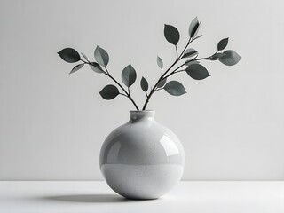 Minimalist Serenity: Grey Leaves in a White Vase