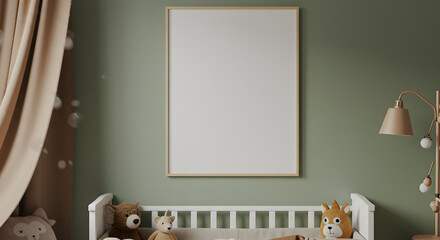 A blank vertical frame mockup on a sage green wall above a white baby crib with toys in a cozy nursery.