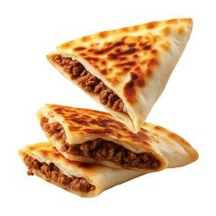 Grilled stuffed flatbread like Arayes pita filled with seasoned minced meat, isolated on white transparent background, concept of traditional Arabic street food