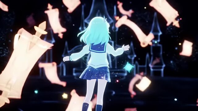 Dreamlike anime illustration of a girl facing a glowing fantasy palace amidst floating scrolls and starlight