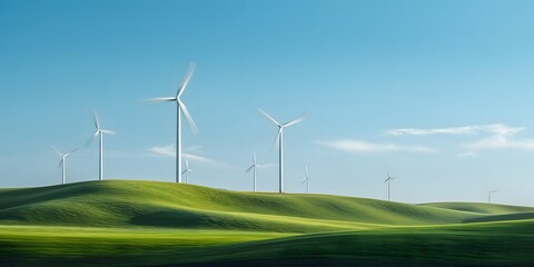 Fototapeta premium Wind Turbines On Rolling Green Hills Under Blue Sky Producing Clean Renewable Energy