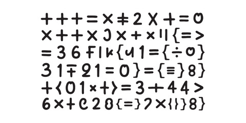 A white background with six rows of handwritten math symbols and characters in black ink
