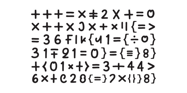 A white background with six rows of handwritten math symbols and characters in black ink