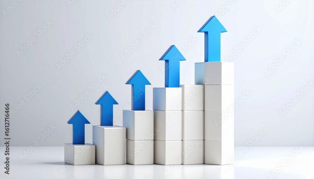 Poster a 3d bar graph made of white blocks showing increasing growth with blue upward arrows on top of each
