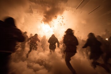 Fototapeta premium People fleeing through smoke and debris with blurred motion suggesting chaos and urgency, dramatic scene