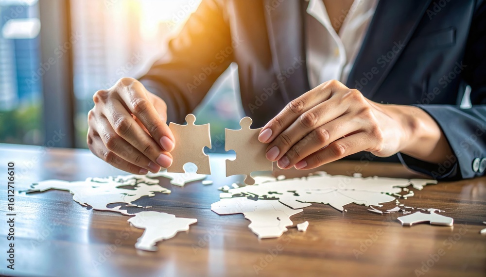 Poster person in a suit assembling puzzle pieces over a wooden table with a world map design, symbolizing g