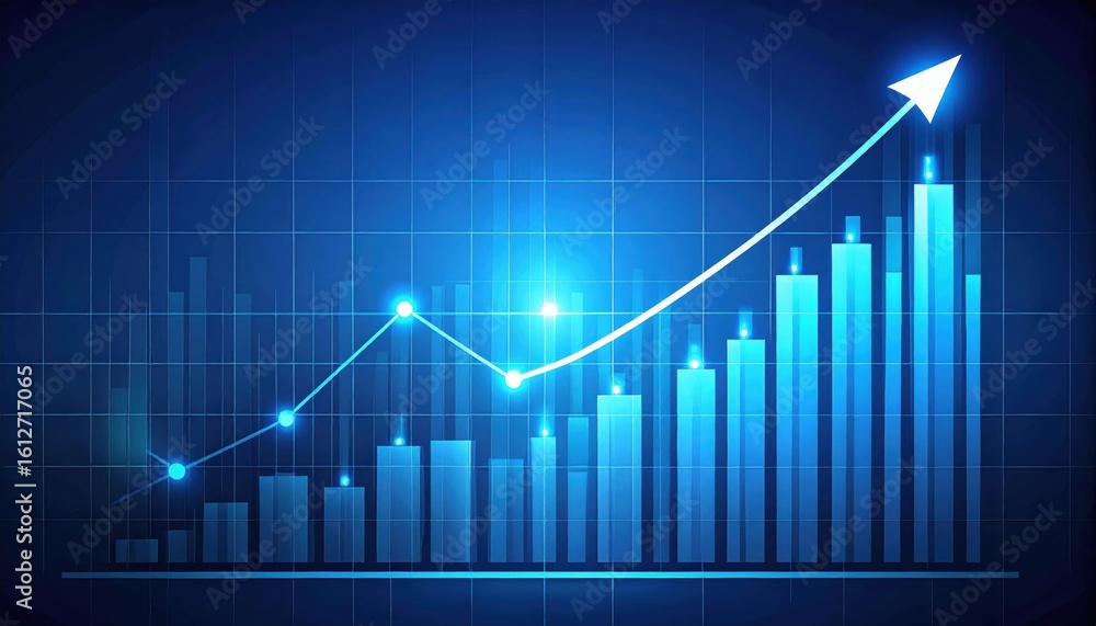 Aufkleber a glowing blue bar chart with a rising line graph and arrow, symbolizing growth and increasing data 