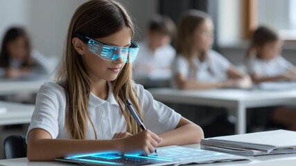 Student explores futuristic technology with digital tablet and smart glasses classroom, enhancing education through advanced digital tools - Powered by Adobe