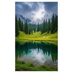 Obraz premium Serene Alpine Lake Reflecting Majestic Forest and Dramatic Clouds