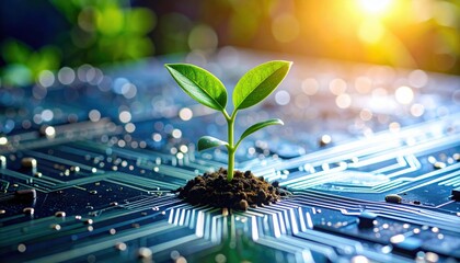 A small green plant sprouts from soil on a circuit board, symbolizing growth, technology, and environmental sustainability amidst digital innovation.