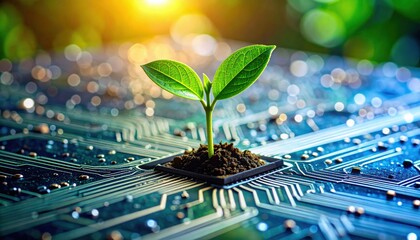A green plant growing from soil on a computer chip symbolizes the fusion of technology and nature, highlighting innovation and sustainability.