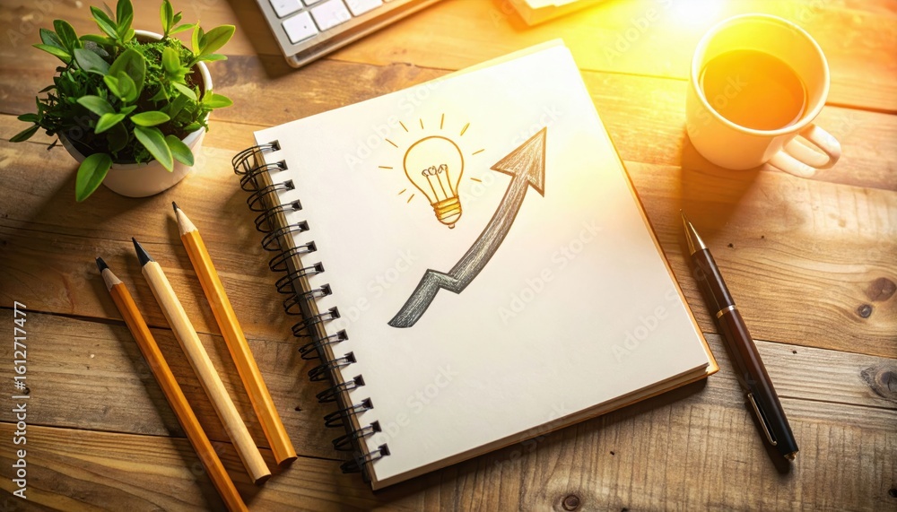 Poster a workspace with a notebook showing a rising arrow and lightbulb sketch, surrounded by pencils, a pe
