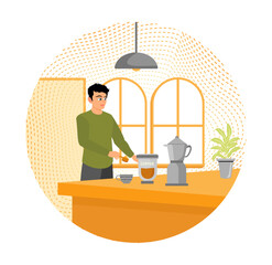 Grinding coffee beans. A man grinds coffee beans using a blender in the kitchen.