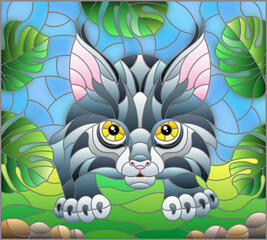 An illustration in stained glass style with baby lynx on the hunt, animal on the background of tropical leaves