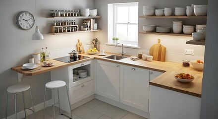 Bright and Cozy Small Kitchen with White Cabinets and Wood Countertops