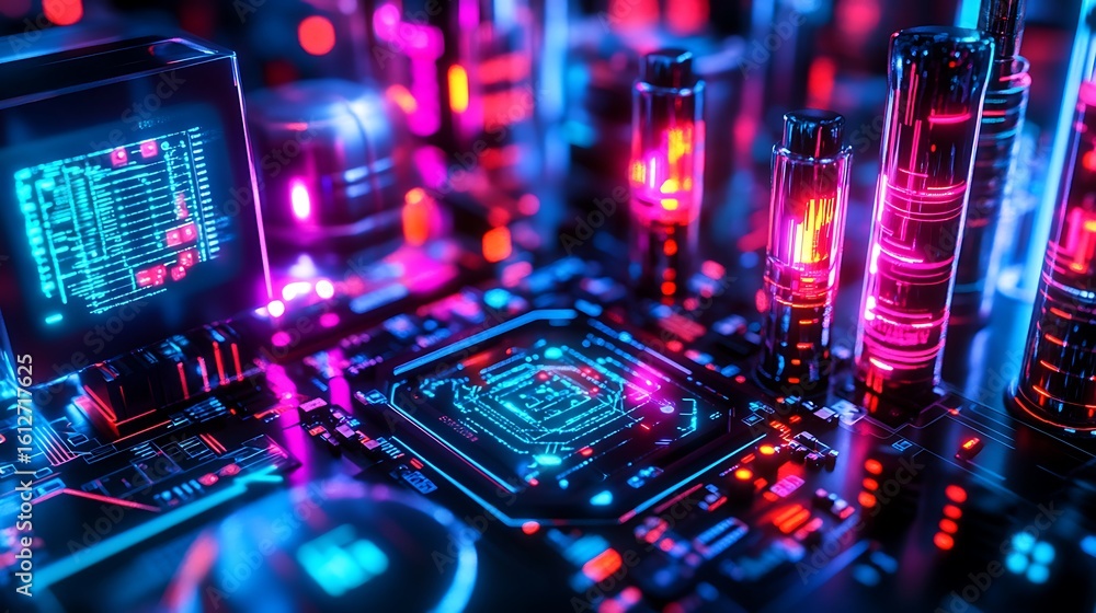 Poster neon circuitry glows with vibrant lines for futuristic technological landscape advanced network digi