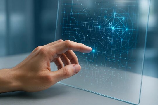 Imagen de una pantalla táctil traslúcida; tocando, gestos en la pantalla; patrón de nodos azules eléctrico.