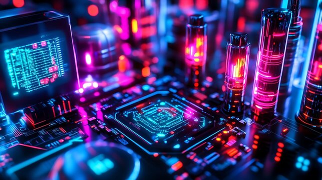 Neon circuitry glows with vibrant lines for futuristic technological landscape advanced network digital flow cyber design electric patterns sci-fi aesthetics innovation concept.
