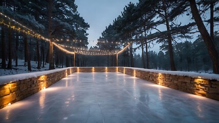 Frosted terrace with pine trees and fairy lights in the distance