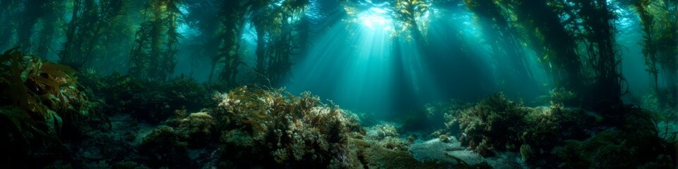 Fototapeta premium Underwater adventure hdr panoramic view of kelp forests in ocean depths 360 degree perspective
