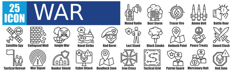 War icon pack collection set for Iron Cross, Tactical Network, Patriot Guard, Mercenary Unit, Red Zone, Silent Radio, Dust Storm, Tracer Shot, Ammo Belt, Battle Roar, Satellite Spy, etc.