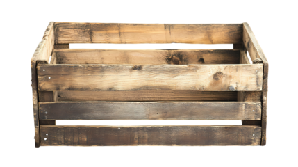 An empty rustic wooden crate isolated on transparent background