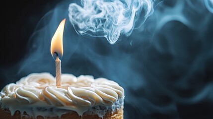 Blown-out candle on frosted cake with smoke trail .
