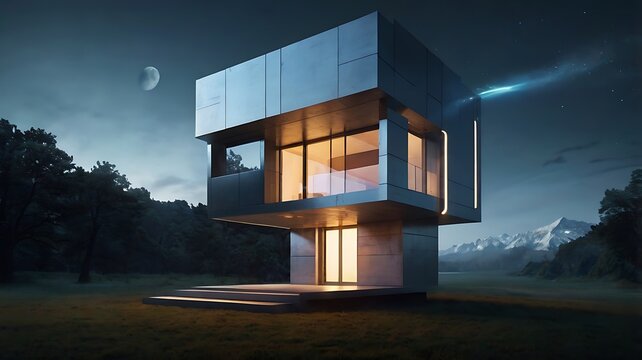 Futuristic cube home suspended above ground, sci-fi lighting