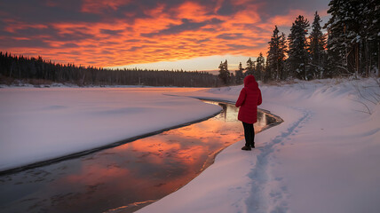 Young woman running in winter forest