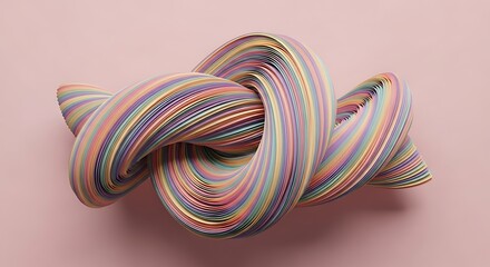 Abstract knot sculpture featuring pastel colored stripes in a looped and intertwined form, casting a soft shadow on a light pink background.