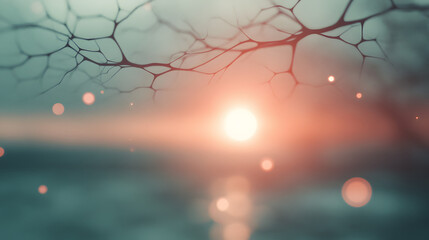 Abstract Sunset with Veinlike Structures and Soft Glowing Orbs