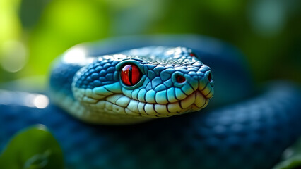 Obraz premium Blue Snake With Red Eyes Close-Up