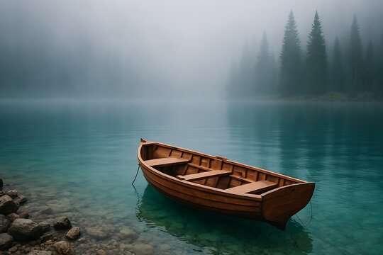 Serene rowboat rests on a still, turquoise lake surrounded by misty evergreen forest scene