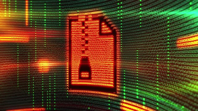 Compressed file icon emerging from digital code stream: cybersecurity concept