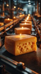 Cheese block with a candle in a warm, busy factory environment during the evening shift