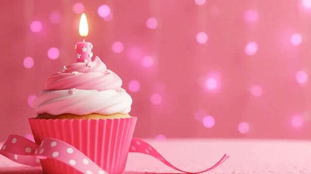 A pink cupcake topped with a candle sits against a backdrop of pink bokeh lights adorned with a polkadot ribbon