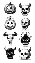 Variety of spooky Halloween illustrations featuring pumpkins, skulls, and demon motifs crafted in black and white style
