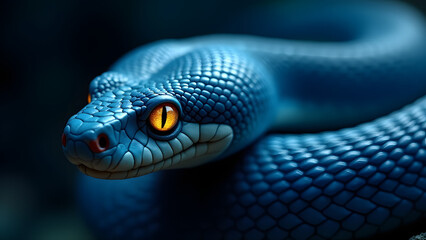 Fototapeta premium Blue Snake With Yellow Eyes Close-Up