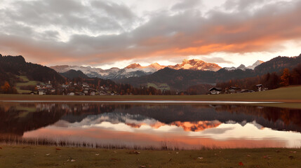 Alpine Lake Reflecting SnowCapped Mountains and Dramatic Sunset Clouds