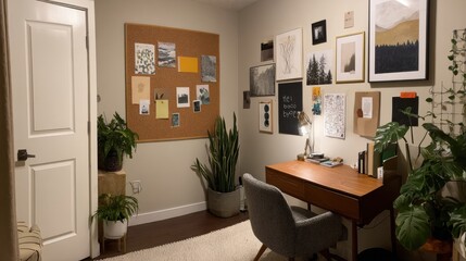 Mid-century Study Zone With Corkboard, Art Prints, Plants, and a Clear Workspace for Focused Creativity