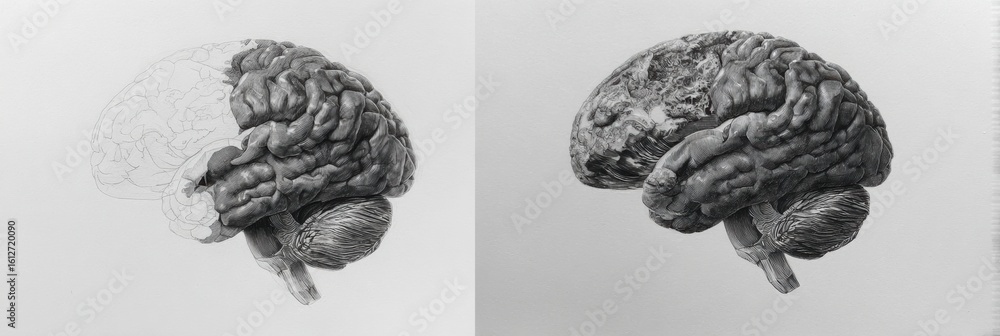 Poster pencil sketch transitions into a detailed 3d representation of a brain with one side remaining empty