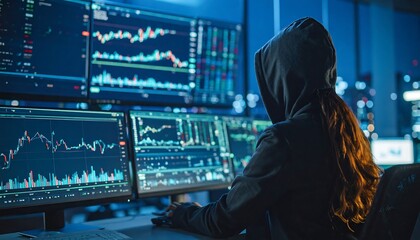 Hooded figure at night, monitoring multiple screens displaying financial data