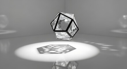 A geometric crystal object floats above a white surface, casting a patterned shadow in a bright, minimalist space.