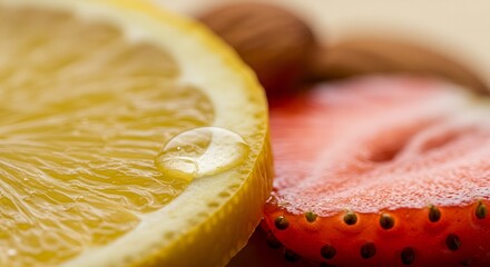Fresh Lemon and Strawberry Slice with Water Drop – Macro Food Concept