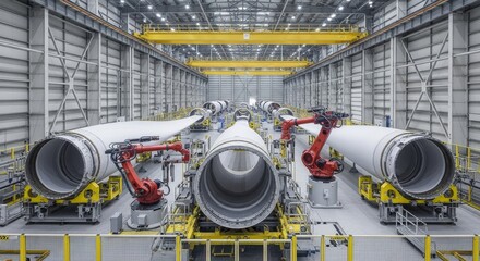 Modern wind turbine blade manufacturing facility, showcasing innovative renewable energy production with robotic arms.