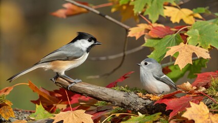 A vibrant great tit perches on a branch, its white and blue feathers highlighted in nature's embrace