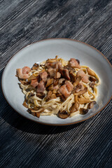 Plate of chicken and mushroom pasta. 