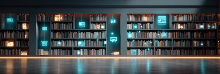 Modern Library Interior Featuring Digital Shelves With Glowing Book Icons and a Minimalistic Design